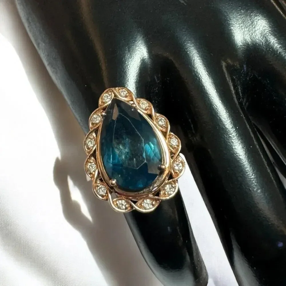 Le Vian 14K Gold Pear Shaped Natural Blue Topaz and Diamonds Ring, Size 5 - Picture 1 of 8